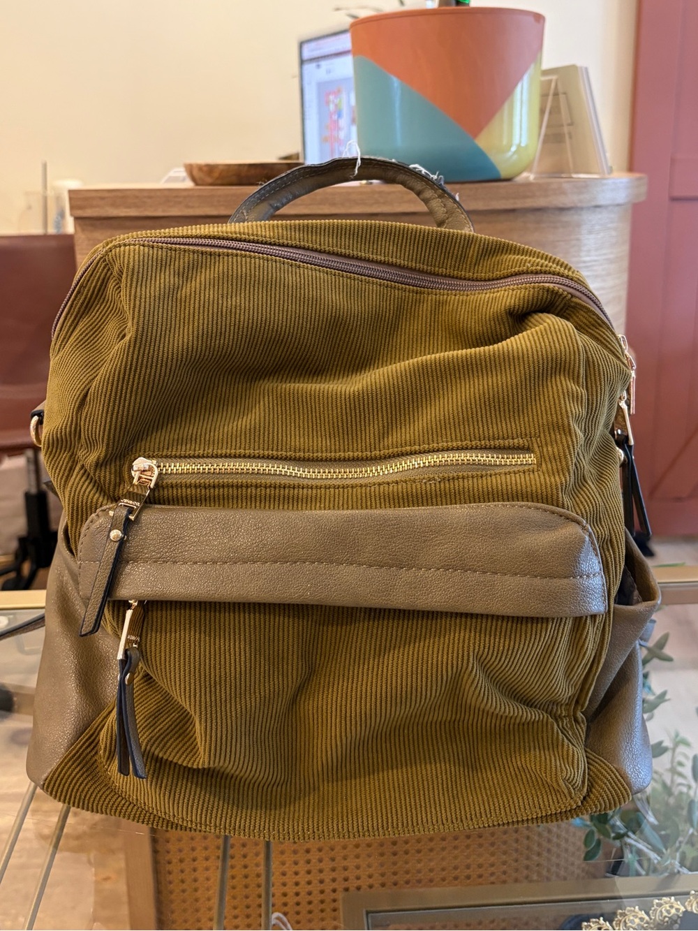 Corduroy Olive Green Women's Backpack with Gold Zippers